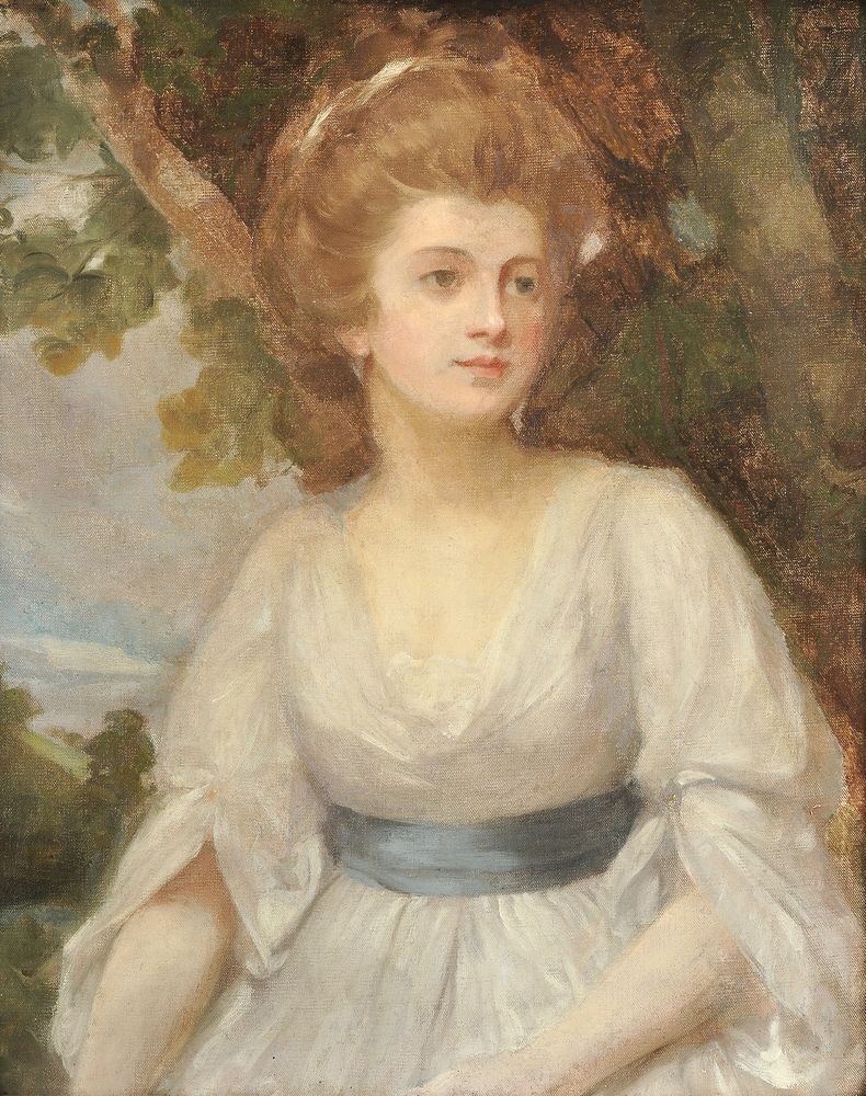 Manner of George Romney (Early 19th century), Portrait of a young woman in a white dress with a blue