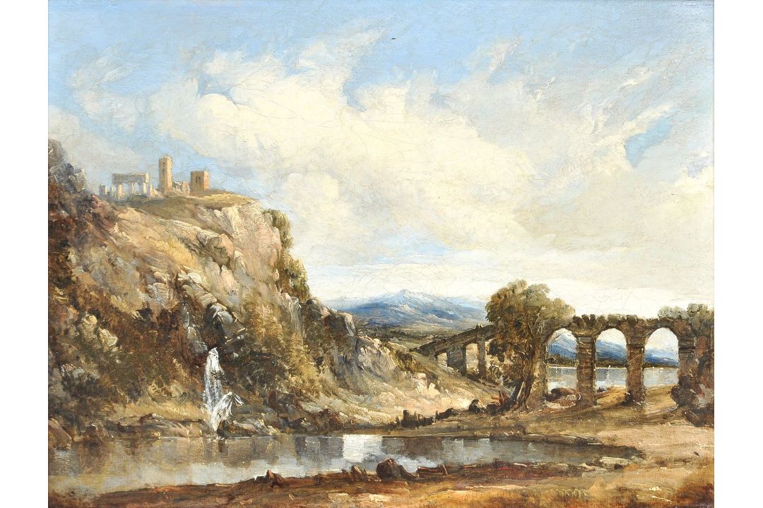 Attributed to Alfred Vickers (British 1786-1868), A track through a village; A ruined castle by a br - Image 2 of 6
