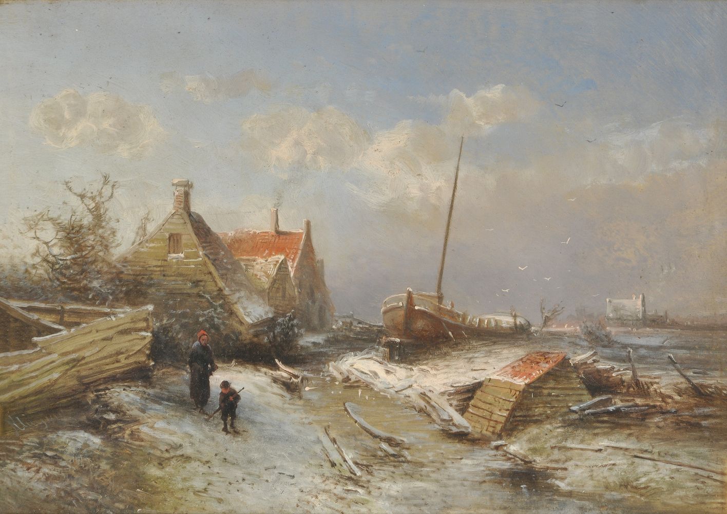 Pieter Lodewijk Francisco Kluyver (Dutch 1816-1900), Mother and child outside a cottage on a frosty
