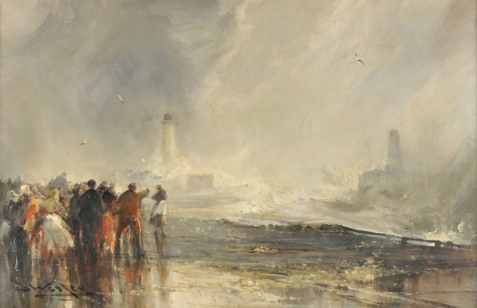 Frank Wasley (British 1854-1934), Crowds gather with stormy seas and lighthouse beyond