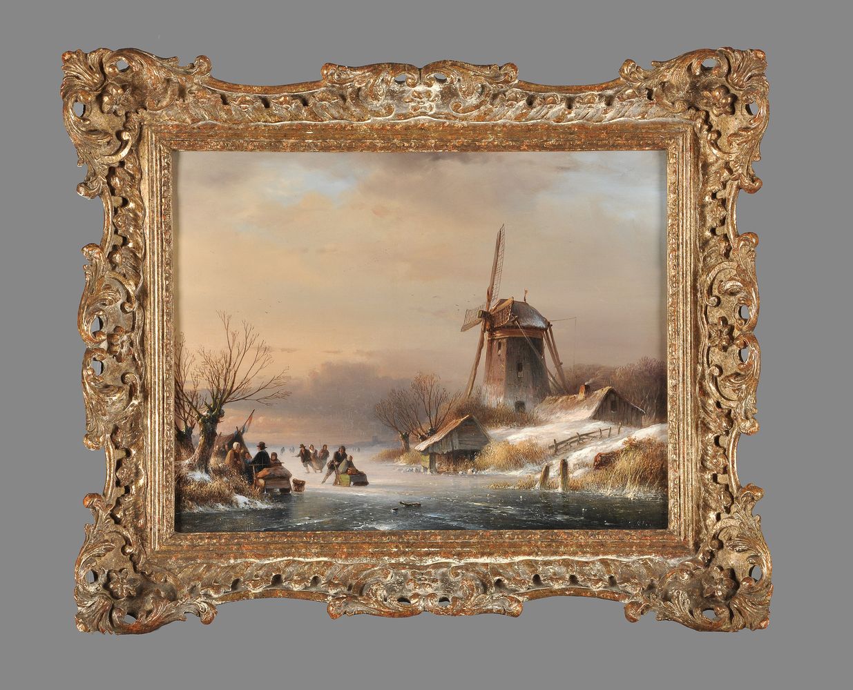 Attributed to Lodewijk Johannes Kleijn (Dutch 1817-1897), Figures skating on a frozen lake with a wi - Image 2 of 3