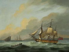 Follower of Thomas Luny, Seascape with a merchant man in a frigate and a jolly boat