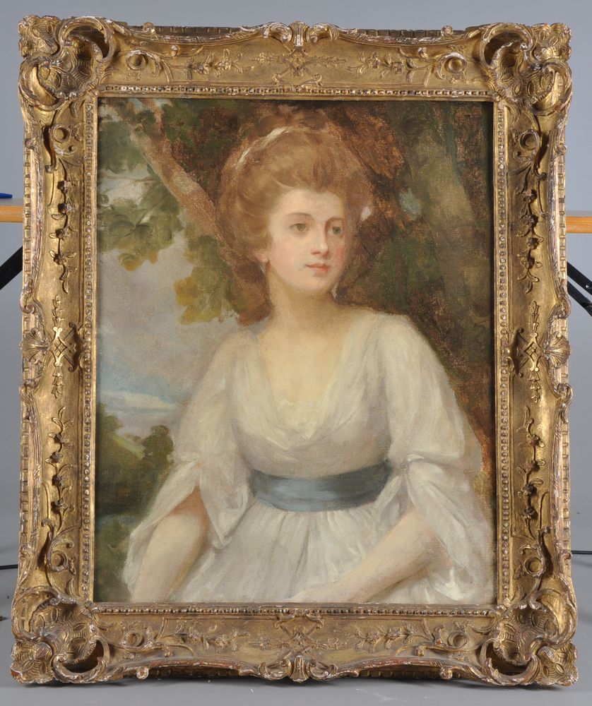 Manner of George Romney (Early 19th century), Portrait of a young woman in a white dress with a blue - Image 2 of 3