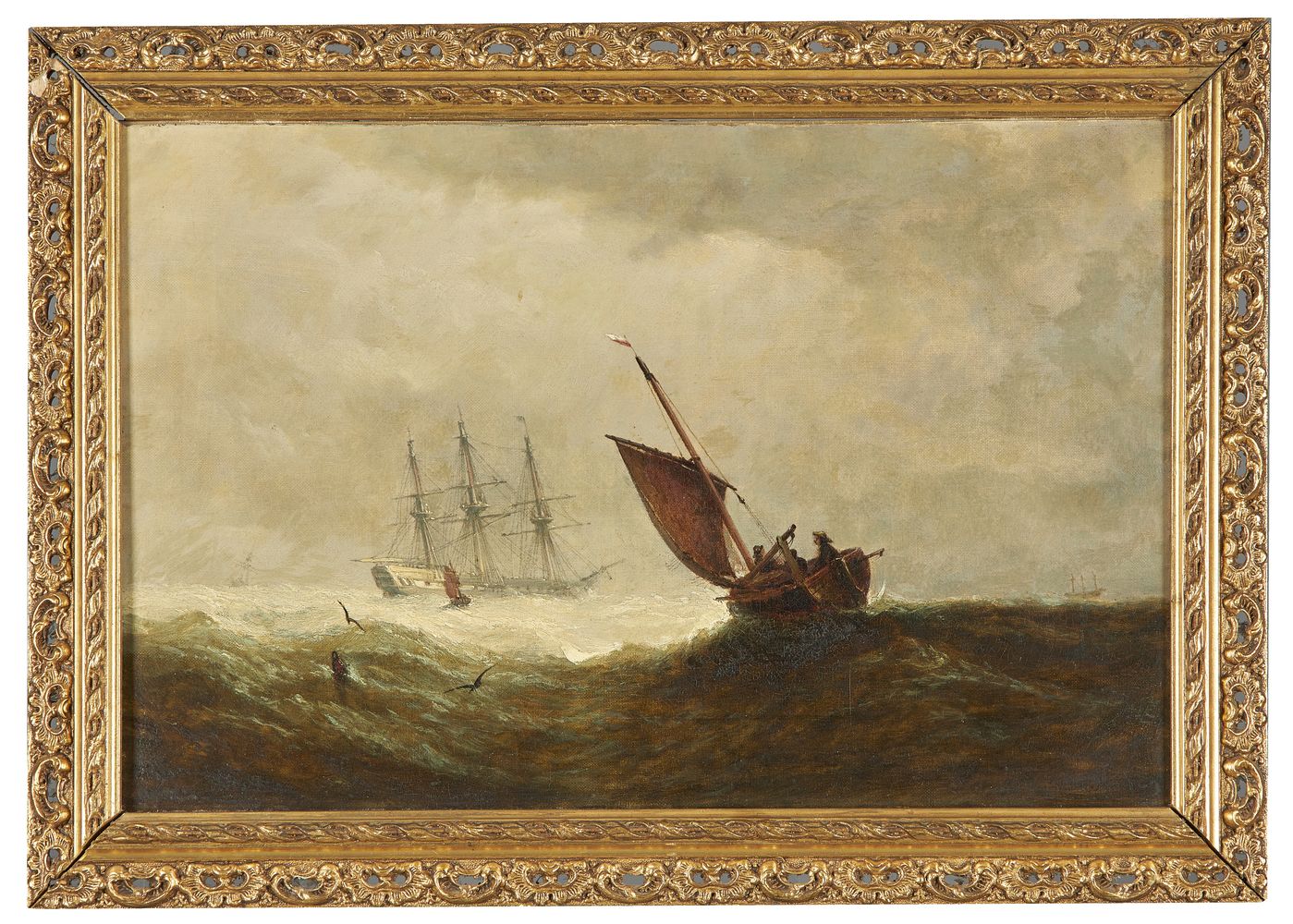 William Adolphus Knell (British 1802-1875), Seascape with Man O'War and fishing boats - Image 2 of 3