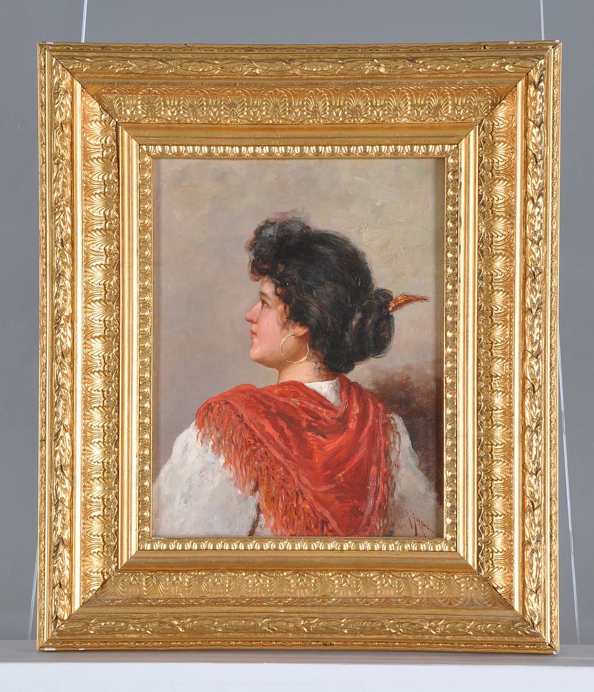 Attributed to Carmine Ciardiello (Italian 1871-1916), Portrait of a woman, in profile, with a red sh - Image 2 of 3