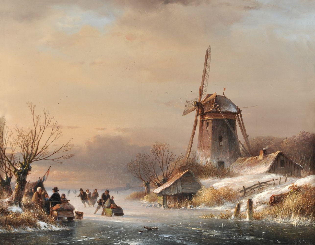 Attributed to Lodewijk Johannes Kleijn (Dutch 1817-1897), Figures skating on a frozen lake with a wi