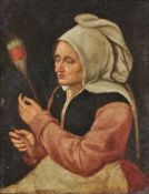 Follower of Marten van Cleve The Elder, A peasant woman with a spindle