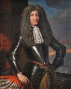 Attributed to Pieter Nason (Dutch 1612-1688), Portrait of a military commander in armour, a battle b