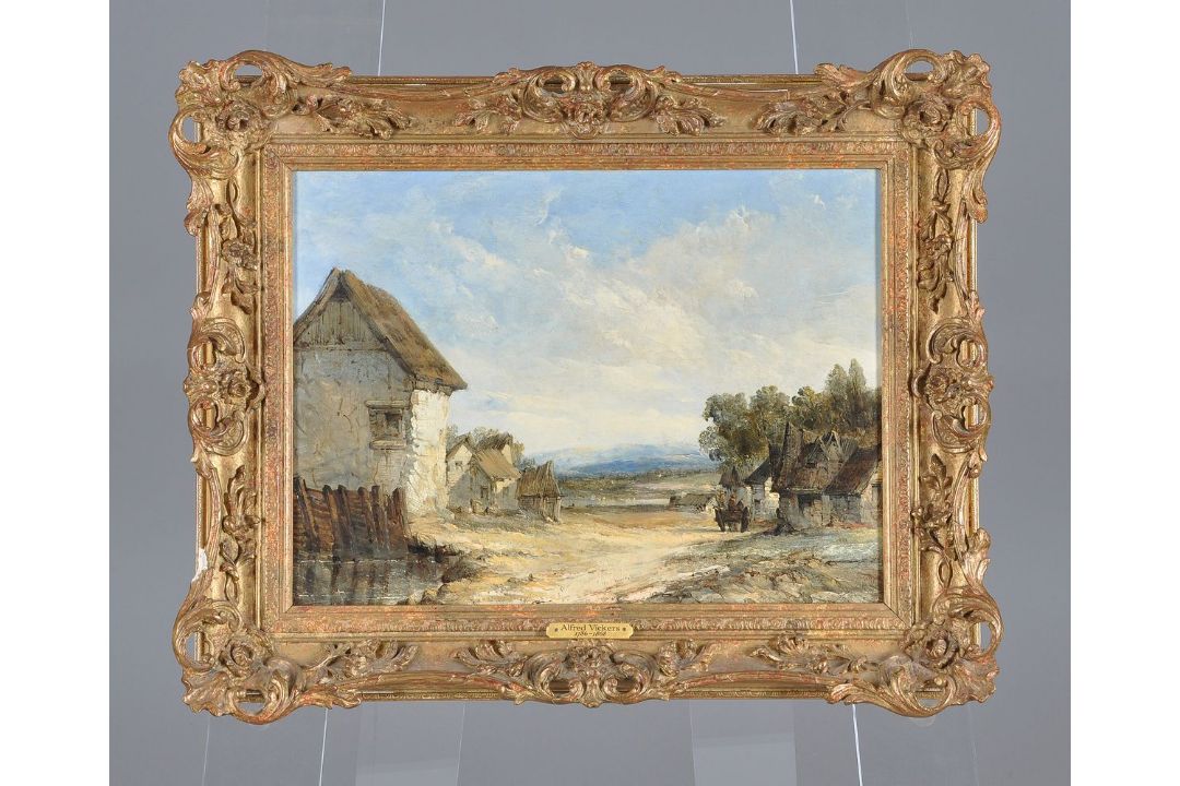 Attributed to Alfred Vickers (British 1786-1868), A track through a village; A ruined castle by a br - Image 3 of 6