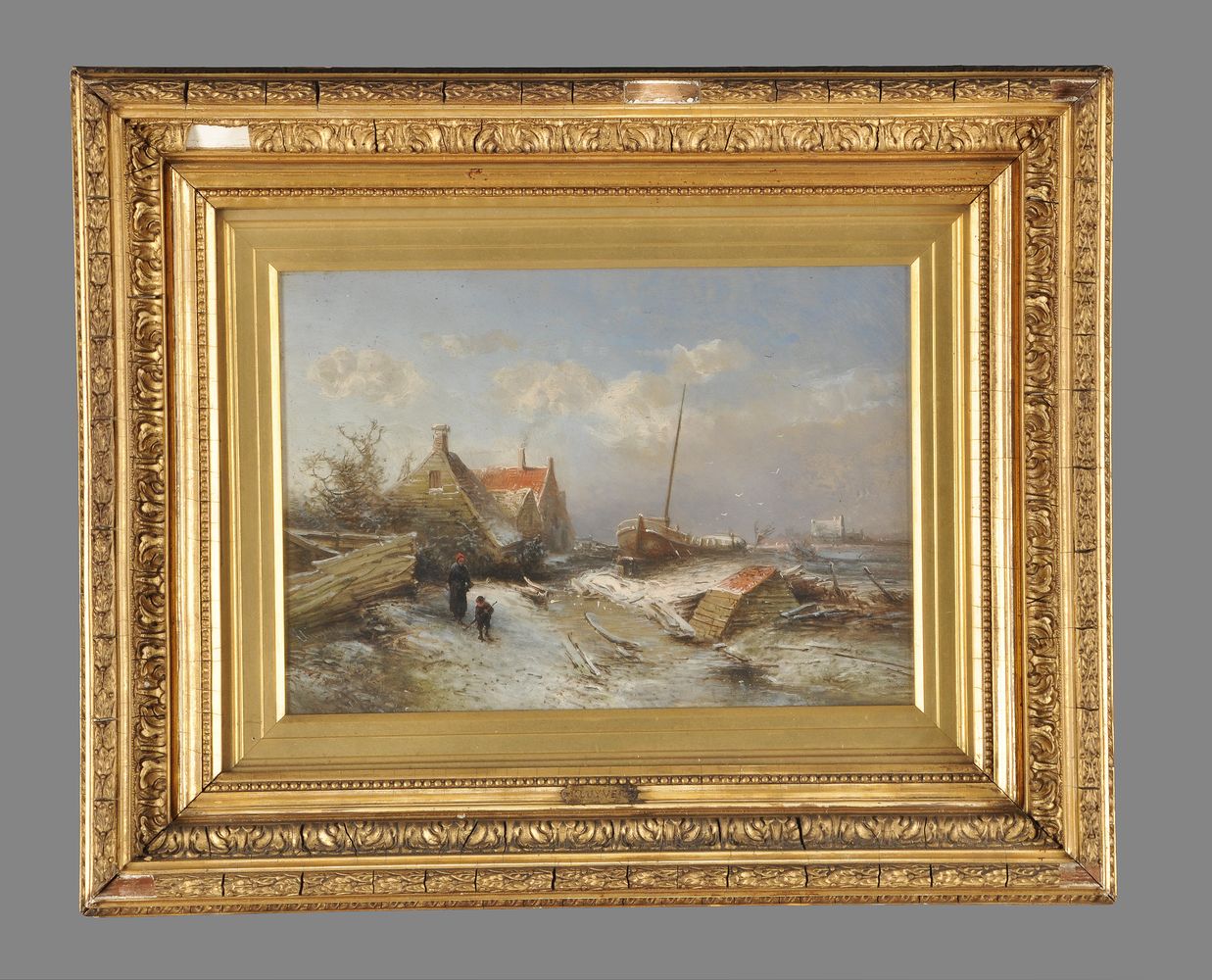 Pieter Lodewijk Francisco Kluyver (Dutch 1816-1900), Mother and child outside a cottage on a frosty - Image 2 of 3