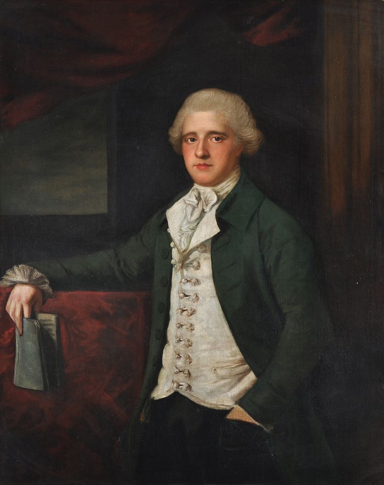 Attributed to Mason Chamberlin (British 1727-1787), A portrait of a young man with book