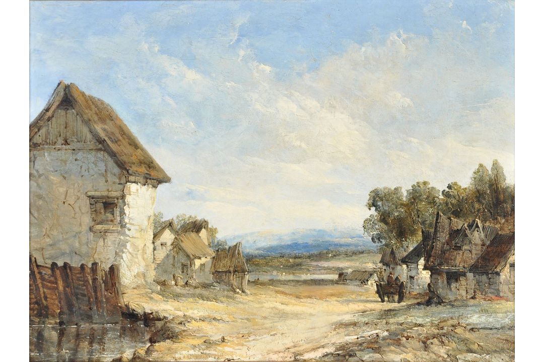 Attributed to Alfred Vickers (British 1786-1868), A track through a village; A ruined castle by a br - Image 1 of 6