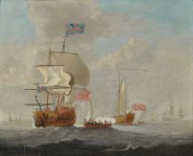 Attributed to Peter Monamy (British 1681-1749), A ship of the line with other vessels at sea, a sail