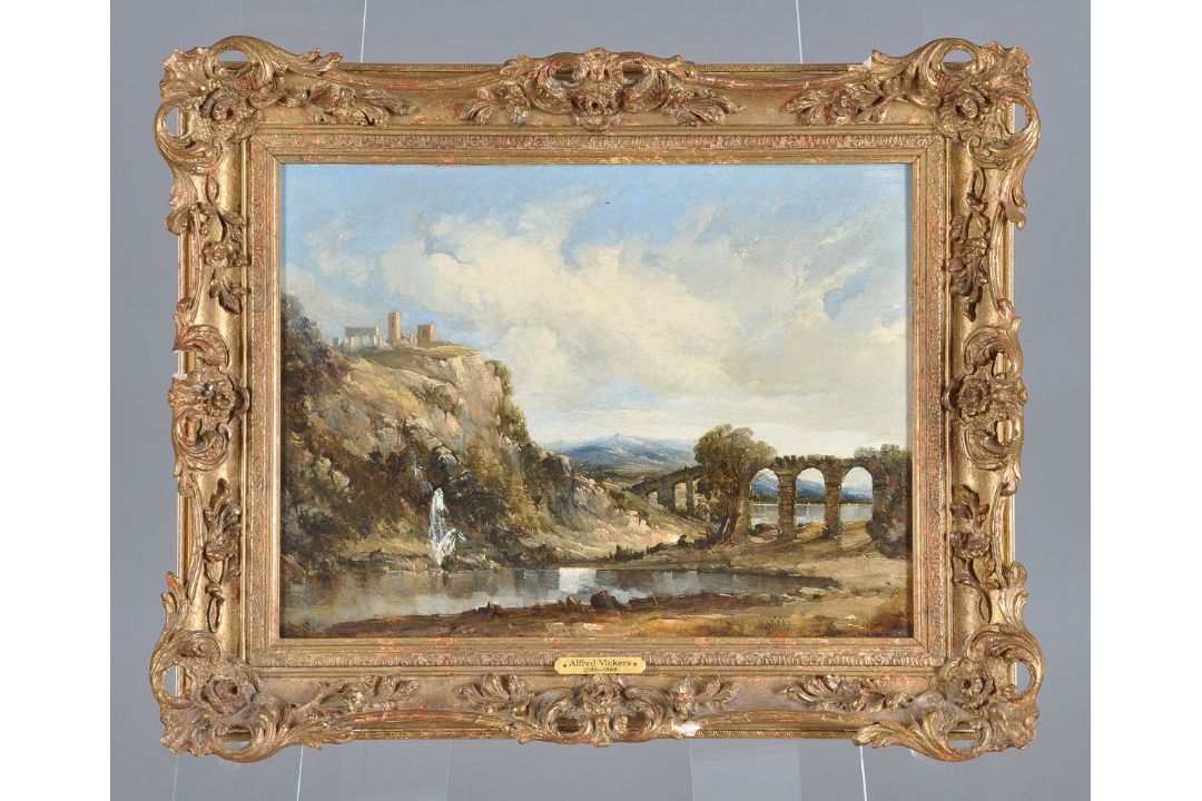 Attributed to Alfred Vickers (British 1786-1868), A track through a village; A ruined castle by a br - Image 4 of 6