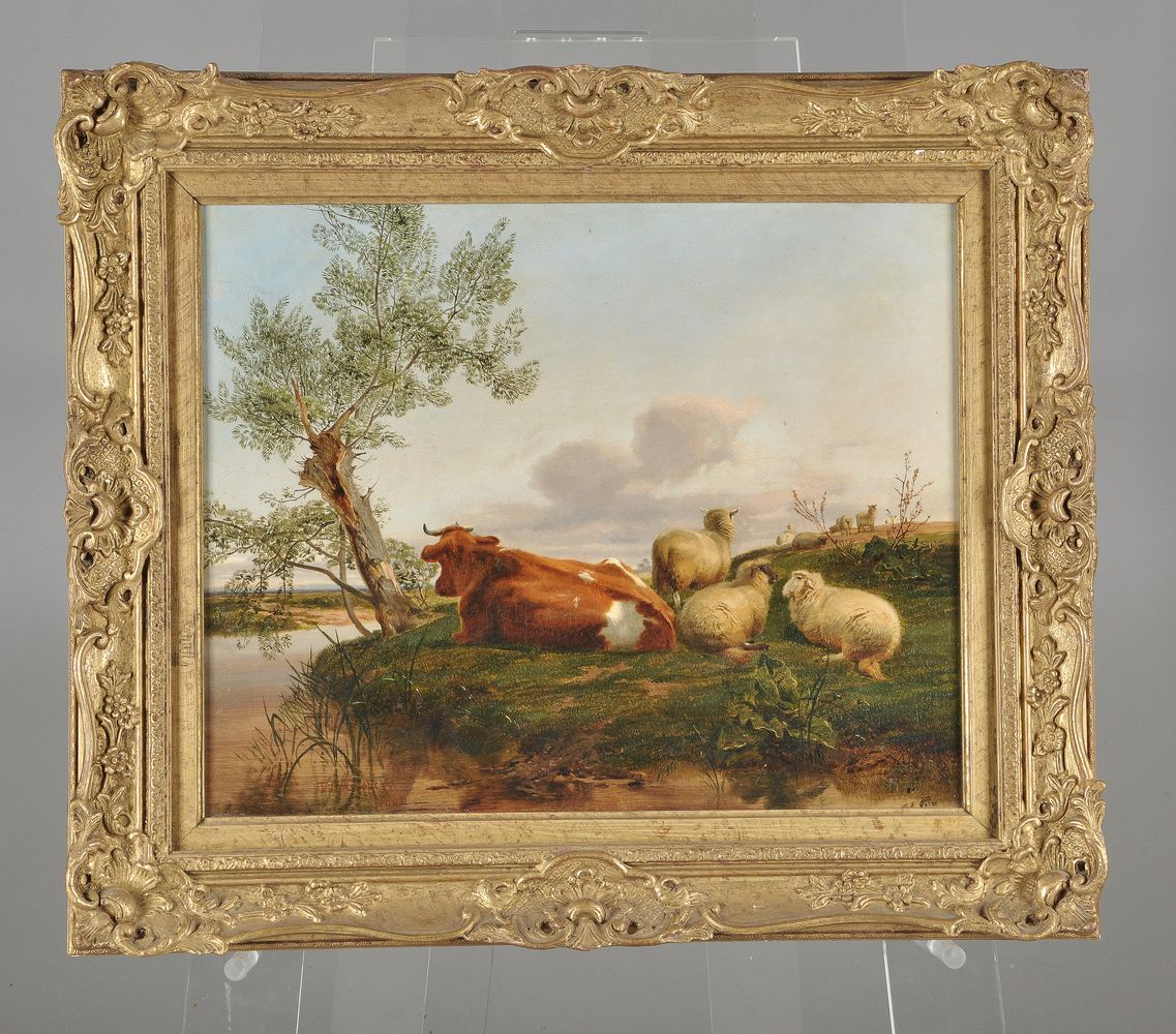 Follower of Thomas Sidney Cooper, Cattle and sheep resting beside a river - Image 2 of 3