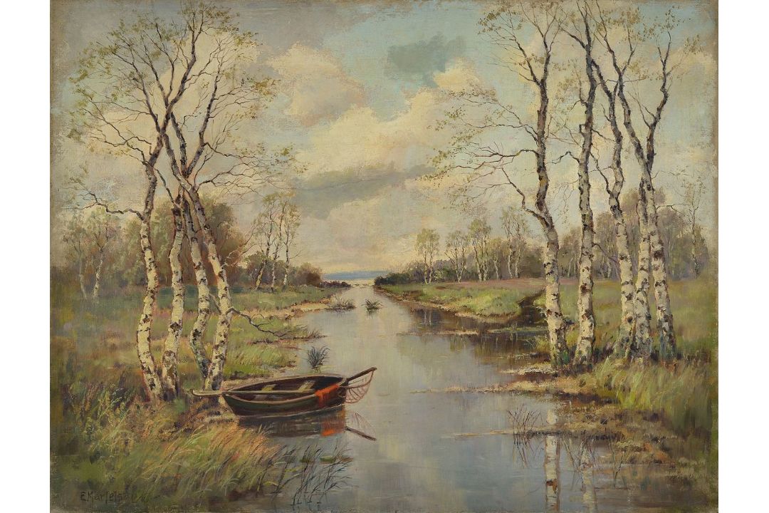 Ernst Marfels, 1886 Frankfurt/ Sachsenhausen - 1958 Heidelberg, Bachlandschaft mit Boot, wohl im - Bild 1 aus 3