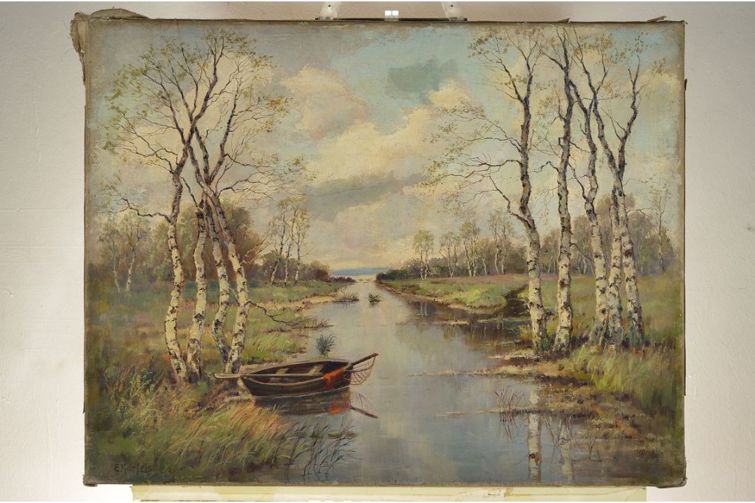 Ernst Marfels, 1886 Frankfurt/ Sachsenhausen - 1958 Heidelberg, Bachlandschaft mit Boot, wohl im - Bild 3 aus 3