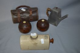 Pair of Wooden Bowling Balls, Bed Warmer Bottle and Chrome Coffee Pot