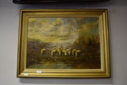 Framed Oil Painting on Canvas - Country Scene with Shepherd and Sheep signed Range