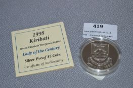 1998 Kiribati Lady of the Century Queen Mother Silver Proof $5 Coin