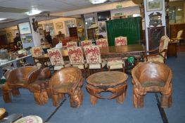 Carved Teak Tree Trunk Set of Garden Furniture in the Form of Crabs; Three Chairs and a Table