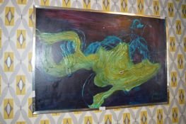 Chrome Framed Heavy Oil Painting on Board - Abstract signed Haddock