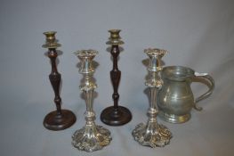 Silver Plated Candlesticks, Wooden Candlesticks and a Pewter Mug