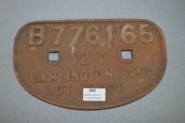 Railway Goods Wagon Nameplate - Darlington 1957