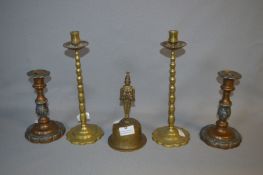 Indian Brass Bell, Candlestick and a Pair of Copper & Plated Candlesticks