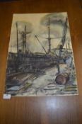 Ink & Watercolour - Industrial Dock Scene by L.M. Harrison