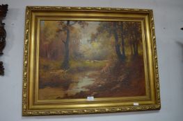 Large Gilt Framed Oil Painting on Canvas - Cattle & Shepherdess in Woodland Scene