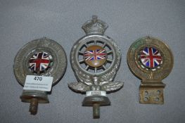 Three Royal Automobile Club Associate Mascot and Grill Badges with Union Jack Enamel Centres