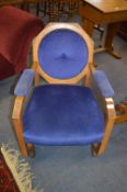 Art Deco Beech Framed Armchair with Blue Upholstery and Circular Panel Back