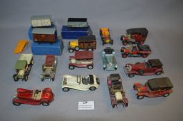 Selection of Hornby Tinplate Goods Wagons and Diecast Car Models of Yesteryear