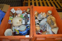 Two Orange Storage Boxes Containing Ornaments, Jug