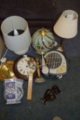 Box Containing Various Table Lamps, Wall Clocks an