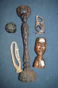 African Carved Wood Bust, Soapstone Figures and Wo
