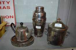Silver Plated Cocktail Shaker, Biscuit Barrel and