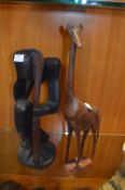 African Carved Hardwood Figurine and Wooden Giraff