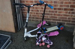 Two Girls Scooter and a Pair of Roller Skates