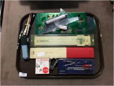 Tray Lot of Dormitory Equipment, Slide Rules, etc.