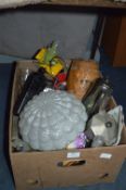 Box of Assorted Collectibles; Glass Lamp Shade, Bo