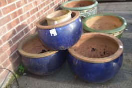 Three Blue Blue Glazed Garden Planter and One Othe