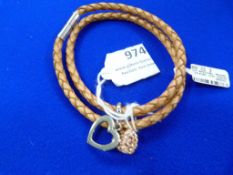 *Brown Leather Braided Bracelet with Two Heart Cha