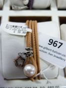 *Tan Leather Bracelet with Flower Charm and Pearl