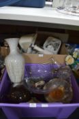 Box Containing Lamps, Vases, Glassware, Teapots, e