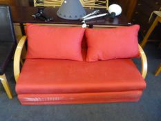 Beech Framed Red Upholstered Two Seat Sofa Bed
