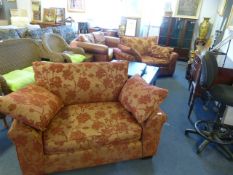 Pair of Red & Gold Upholstered Loveseats