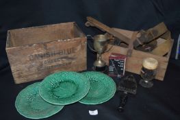 Two Small Wooden Crates Containing Vine Leaf Plates, Metaware, etc.