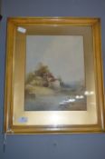Gilt Framed Watercolour - Riverside Scene